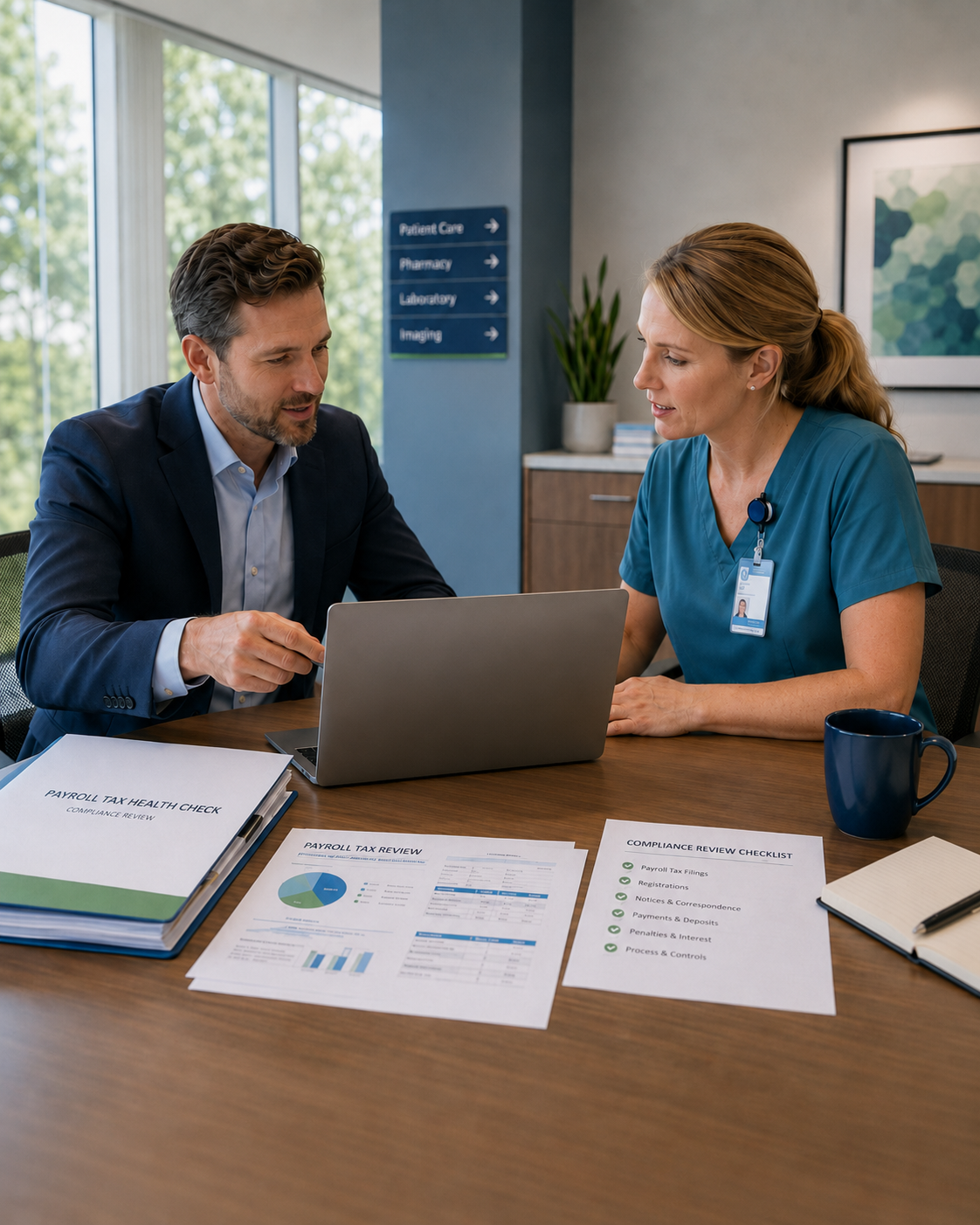 Professionals reviewing payroll tax and compliance information