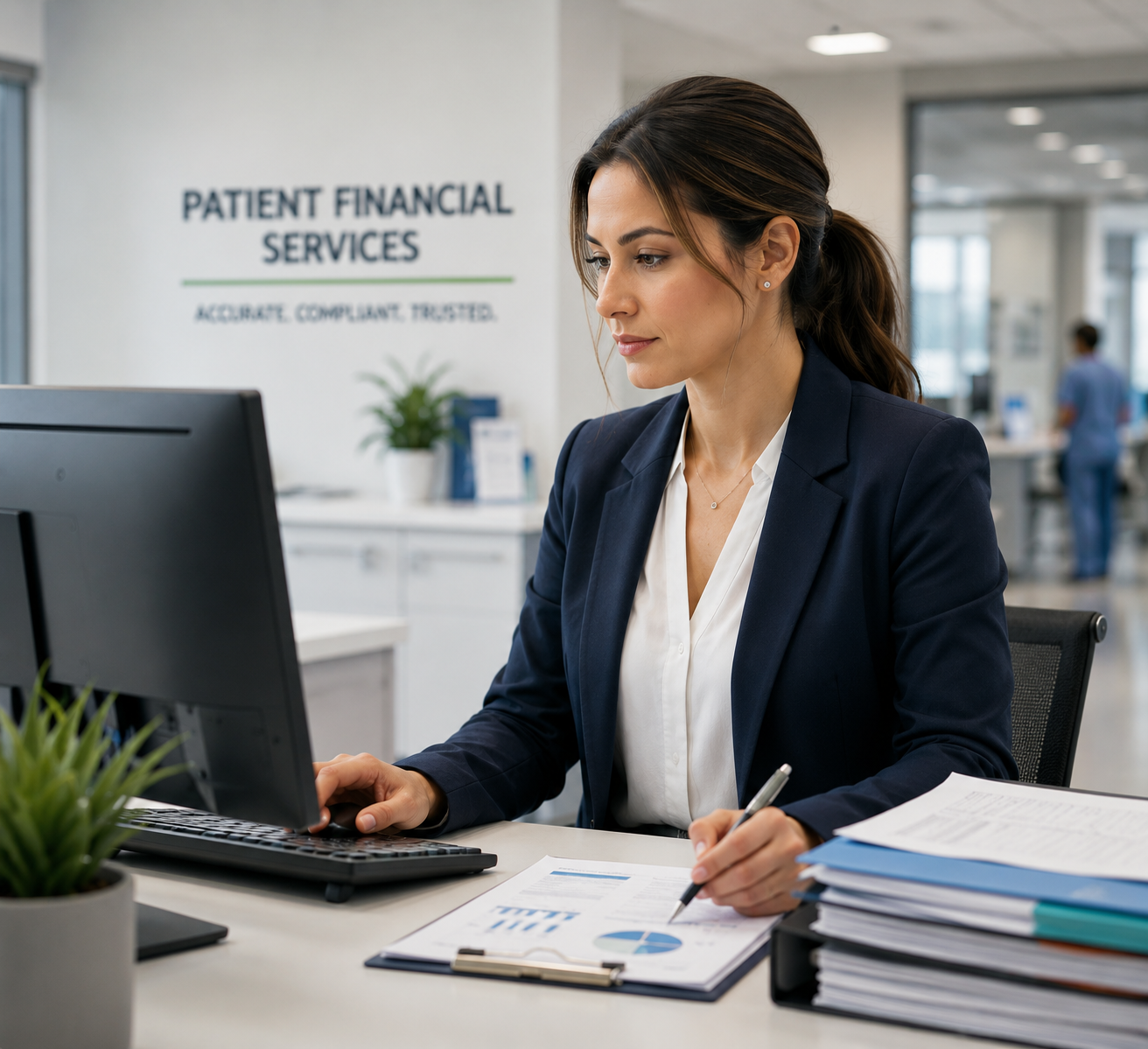 Healthcare administration professional reviewing financial and compliance information