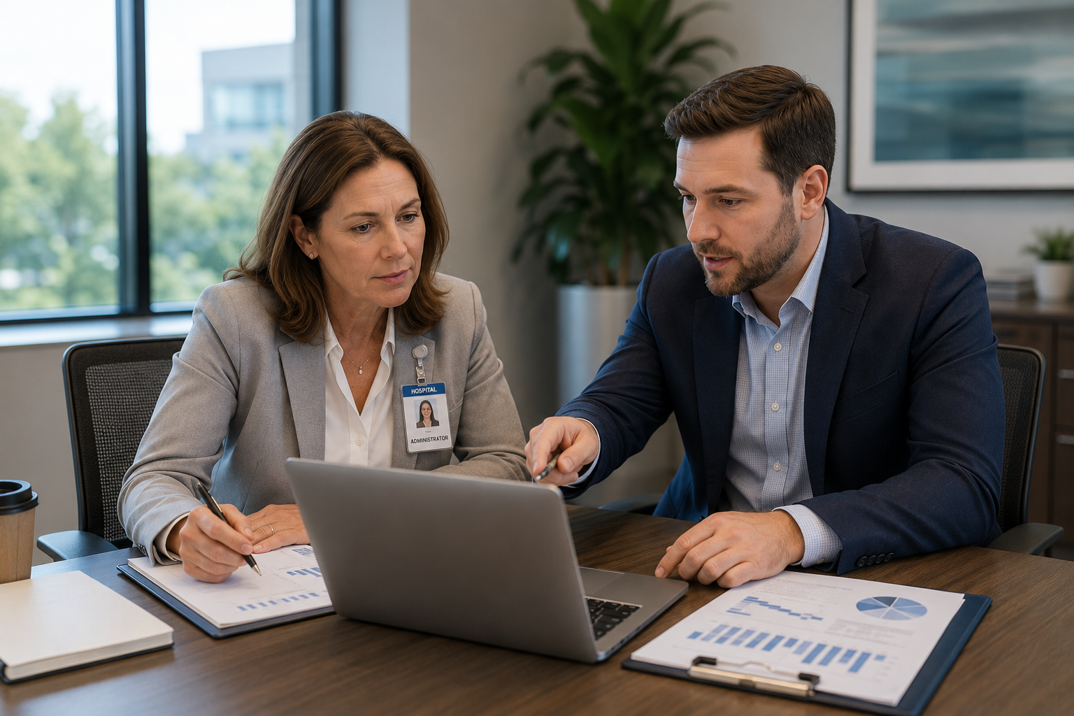Healthcare administrator and advisor reviewing payroll information
