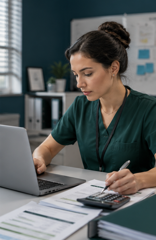 Healthcare professional reviewing payroll information