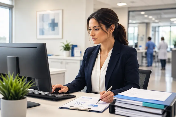 Healthcare administration professional reviewing financial and compliance information